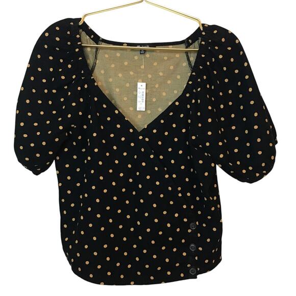 Madewell Black Tan Oval Dot Puff Sleeve Corduroy Wrap Top XS - Picture 1 of 9
